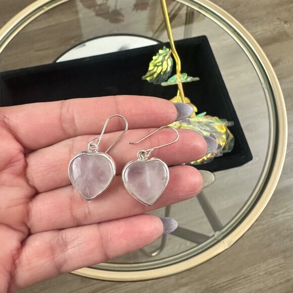 Heart-Shaped Rose Quartz Earrings & Pendant Set In Silver 925 Frame Handmade & C - Picture 9 of 9